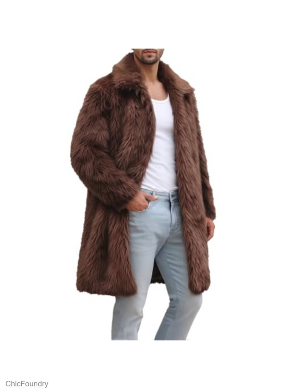 Men's Winter Fluffy Faux Fur Lapel Coat Jacket Long Sleeve